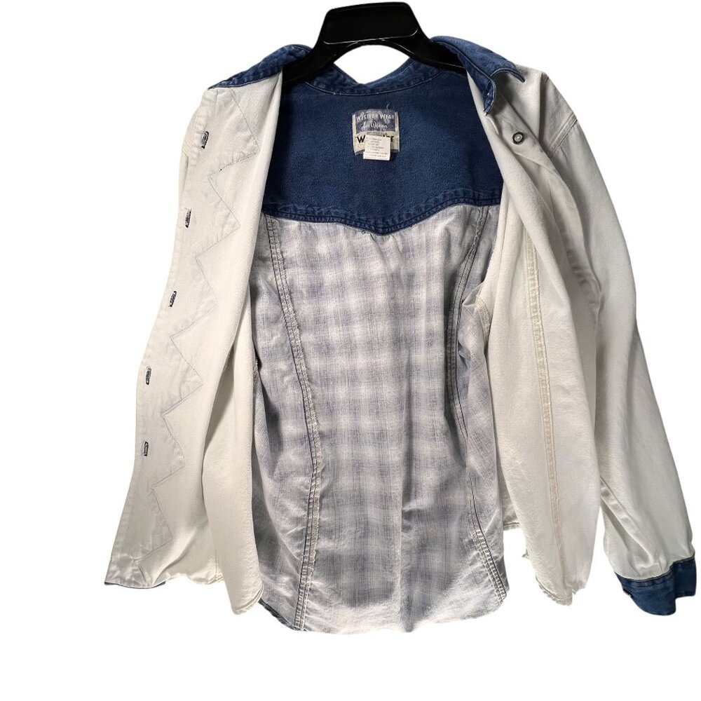 Vtg Wrangler Western Wear Denim Shirt White Blue Cowgirl Rodeo Zig Zag Plaid Lg - Picture 7 of 13